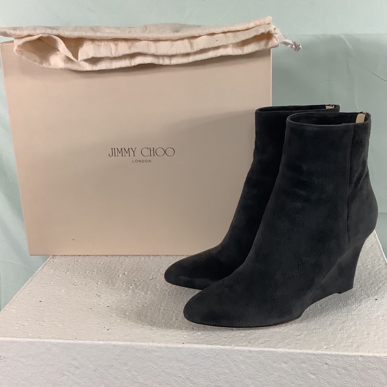Jimmy Choo Black Suede Wedge Ankle Boots Pointed Toe Back Zip Italy Womens 39.5